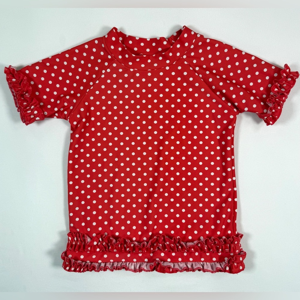 RUFFLE BUTTS Girls’ Red Polka‎ Dot Ruffle UPF 50+ Short Sleeve Rash Guard Size 5
